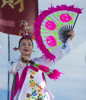 LAS VEGAS - FEB 09 : Chinese folk dancer perform at the Chinese New Year celebrations held in Las Vegas , Nevada on February 09 2014