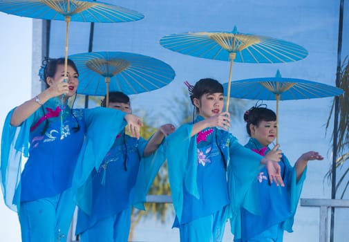 LAS VEGAS - FEB 09 : Chinese folk dancer perform at the Chinese New Year celebrations held in Las Vegas , Nevada on February 09 2014