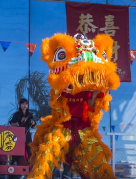 LAS VEGAS - FEB 09 : Lion dance performer during the Chinese New Year celebrations held in Las Vegas , Nevada on February 09 2014