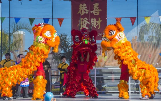 LAS VEGAS - FEB 09 : Lion dance performance during the Chinese New Year celebrations held in Las Vegas , Nevada on February 09 2014