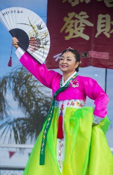 LAS VEGAS - FEB 09 : Chinese folk dancer perform at the Chinese New Year celebrations held in Las Vegas , Nevada on February 09 2014