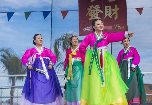 LAS VEGAS - FEB 09 : Chinese folk dancers perform at the Chinese New Year celebrations held in Las Vegas , Nevada on February 09 2014