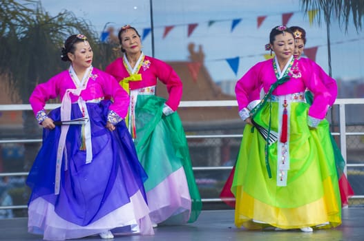 LAS VEGAS - FEB 09 : Chinese folk dancers perform at the Chinese New Year celebrations held in Las Vegas , Nevada on February 09 2014