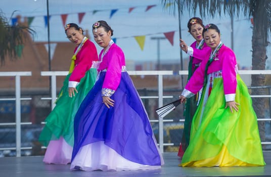 LAS VEGAS - FEB 09 : Chinese folk dancers perform at the Chinese New Year celebrations held in Las Vegas , Nevada on February 09 2014