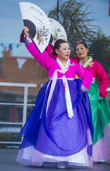 LAS VEGAS - FEB 09 : Chinese folk dancers perform at the Chinese New Year celebrations held in Las Vegas , Nevada on February 09 2014