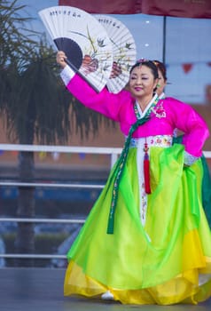 LAS VEGAS - FEB 09 : Chinese folk dancer perform at the Chinese New Year celebrations held in Las Vegas , Nevada on February 09 2014