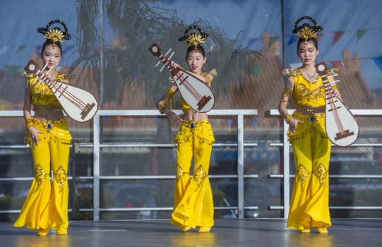 LAS VEGAS - FEB 09 : Chinese folk dancers perform at the Chinese New Year celebrations held in Las Vegas , Nevada on February 09 2014