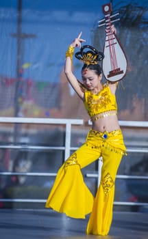 LAS VEGAS - FEB 09 : Chinese folk dancer perform at the Chinese New Year celebrations held in Las Vegas , Nevada on February 09 2014