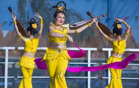 LAS VEGAS - FEB 09 : Chinese folk dancers perform at the Chinese New Year celebrations held in Las Vegas , Nevada on February 09 2014