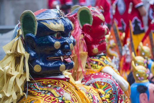 SAN FRANCISCO - FEB 15 : Traditional man-size costumes worn during parades before the beginning of the annual Chinese new year parade on February 15 2014 on San Francisco , California