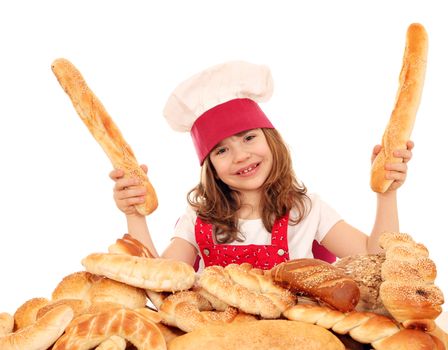 happy little girl bakery with breads 