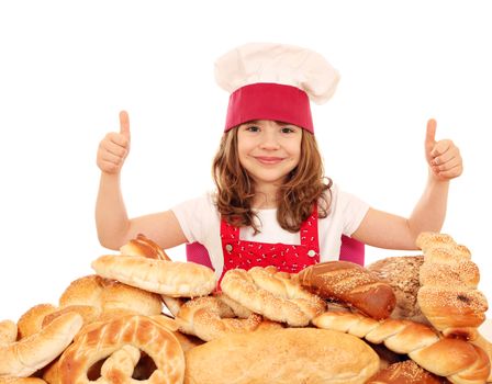 little girl bakery with thumbs up and breads