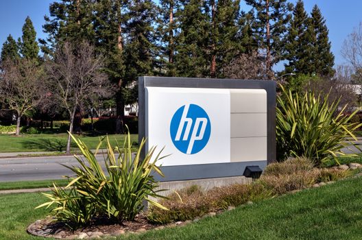 PALO ALTO, CA/USA - MARCH 16, 2014: Hewlett-Packard corporate headquarters in Silicon Valley. HP is an American multinational information technology corporation that provides hardware, software and services to consumers, businesses and government.