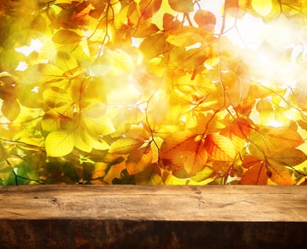 Empty wooden table and beautiful autumn leaves in background