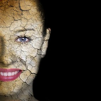 Woman face covered with cracked earth texture- symbol of dry skin