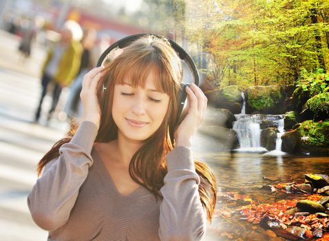 Music concept - Woman listening relaxating music in the city and teleport to the beautiful forest with waterfall