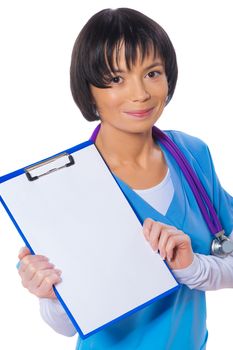asian female doctor showind clipboard with blank white sheet isolated on white