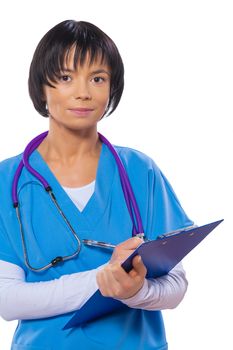 portrait of asian female doctor with clipboard isolated