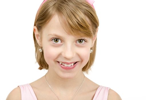 Studio portrait of young smiling beautiful girl with nice eyes on white background