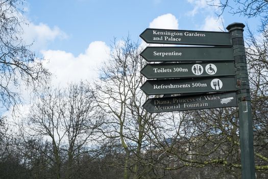 LONDON, UK - MARCH 14: Direction signs post in Hyde Park. March 01, 2014 in London.