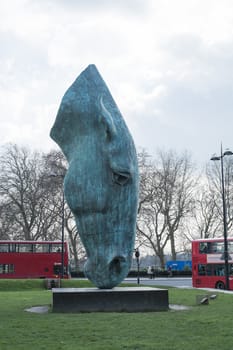 LONDON, UK - MARCH 14: One of Nic Fiddian Green's horse head sculptures. This one is located in Marble Arch. March 01, 2014 in London.