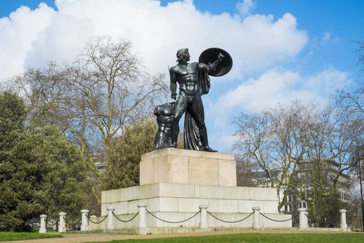 Statue of Achilles in Hyde Park, London, UK, dedicated to the Duke of Wellington and forget with the bronze from captured cannons in campaigns.