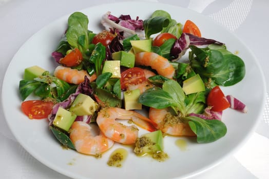 Salad of watercress, cherry tomato and avocado with prawns