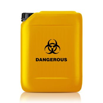 Yellow plastic gallon, jerry can with dangerous sign isolated on a white background. (with clipping work path)