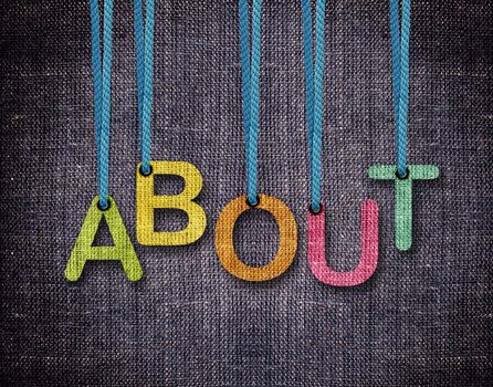 About Letters hanging strings with blue sackcloth background.