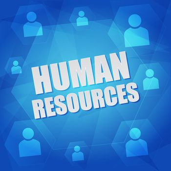human resource and person signs - business concept words and symbols in hexagons over blue background, flat design