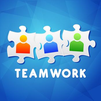 teamwork and puzzle pieces with person signs over blue background, flat design, business team building concept