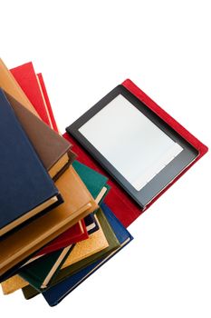 reader and old books on a white background