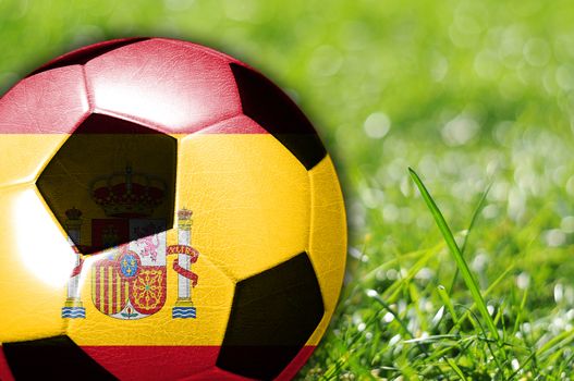 Soccer ball on grass with flag on Spain painted on it