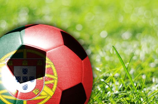 Soccer ball on grass with flag of Portugal painted on it