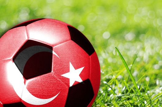 Soccer ball on grass with flag of Turkey painted on it