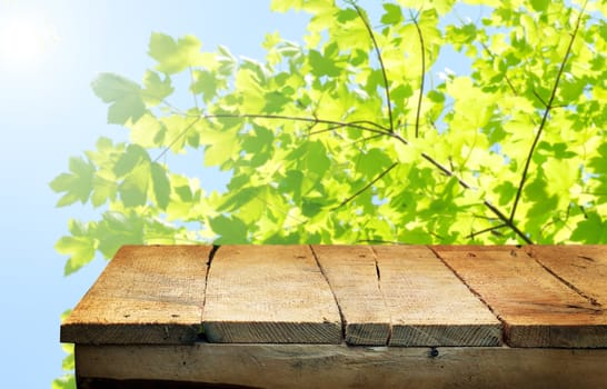 empty wooden table and fresh green leaves - background for product display montages