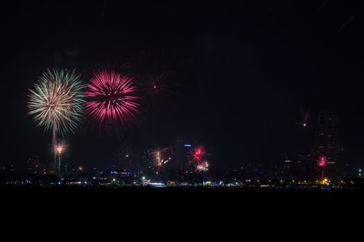 Fireworks over Patong City, South of Thailand on the feast of "New Year",  View from the Sea 