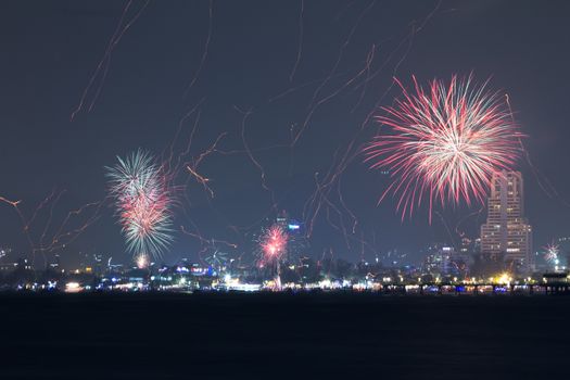 Fireworks over Patong City, South of Thailand on the feast of "New Year",  View from the Sea