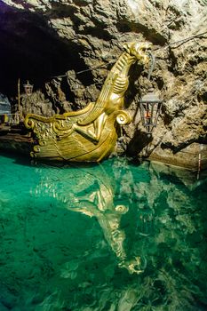 Underground Lake with golden Boat in Lower Austria