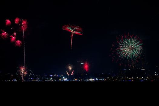 Fireworks over Patong City, South of Thailand on the feast of "New Year", View from the Sea