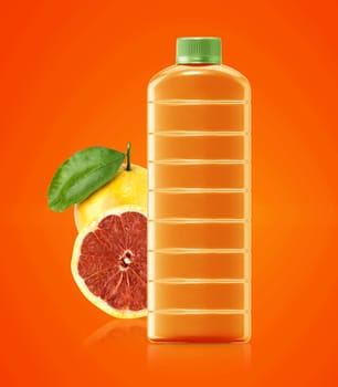 grapefruit juice in a plastic container jug with fresh orange and leaves on a white background.