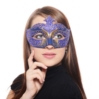 Beautiful caucasian brunette in red carnival mask over white background