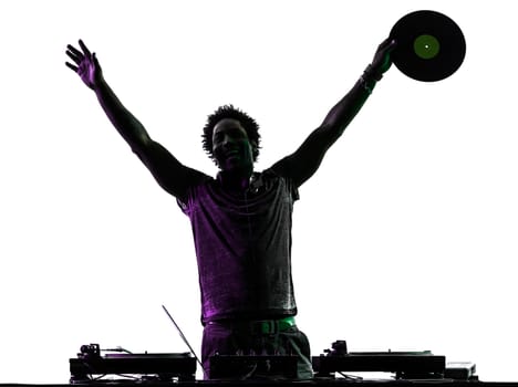 one disc jockey man happy joy arms raised in silhouette on white background