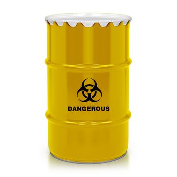 Golden plastic barrel with dangerous sign isolated on a white background. (with clipping work path)