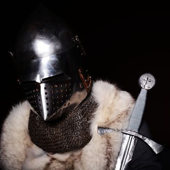 Portrait of XV century knight on black background