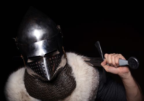 Portrait of XV century knight on black background