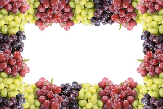 Three different types of grapes as a frame or border in red, green and black on white background
