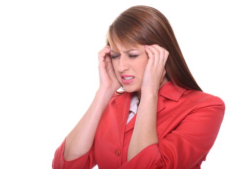 Pretty businesswoman with headache posing over white background