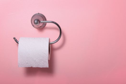 Toilet paper on a pink bathroom stall with copy space
