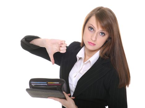 Beautiful brunette posing with wallet over white background